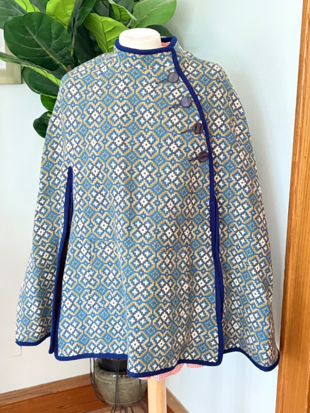 Vintage Welsh Wales Wool Tapestry Geometric Print Gold Blue White Asymmetric